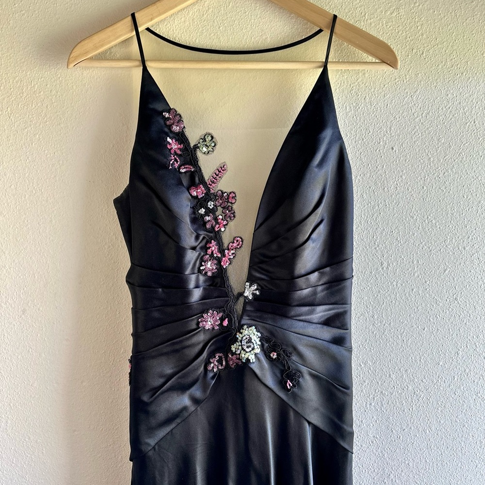 Alberto Makali One of a Kind Deep-V Dark Blue Evening Gown